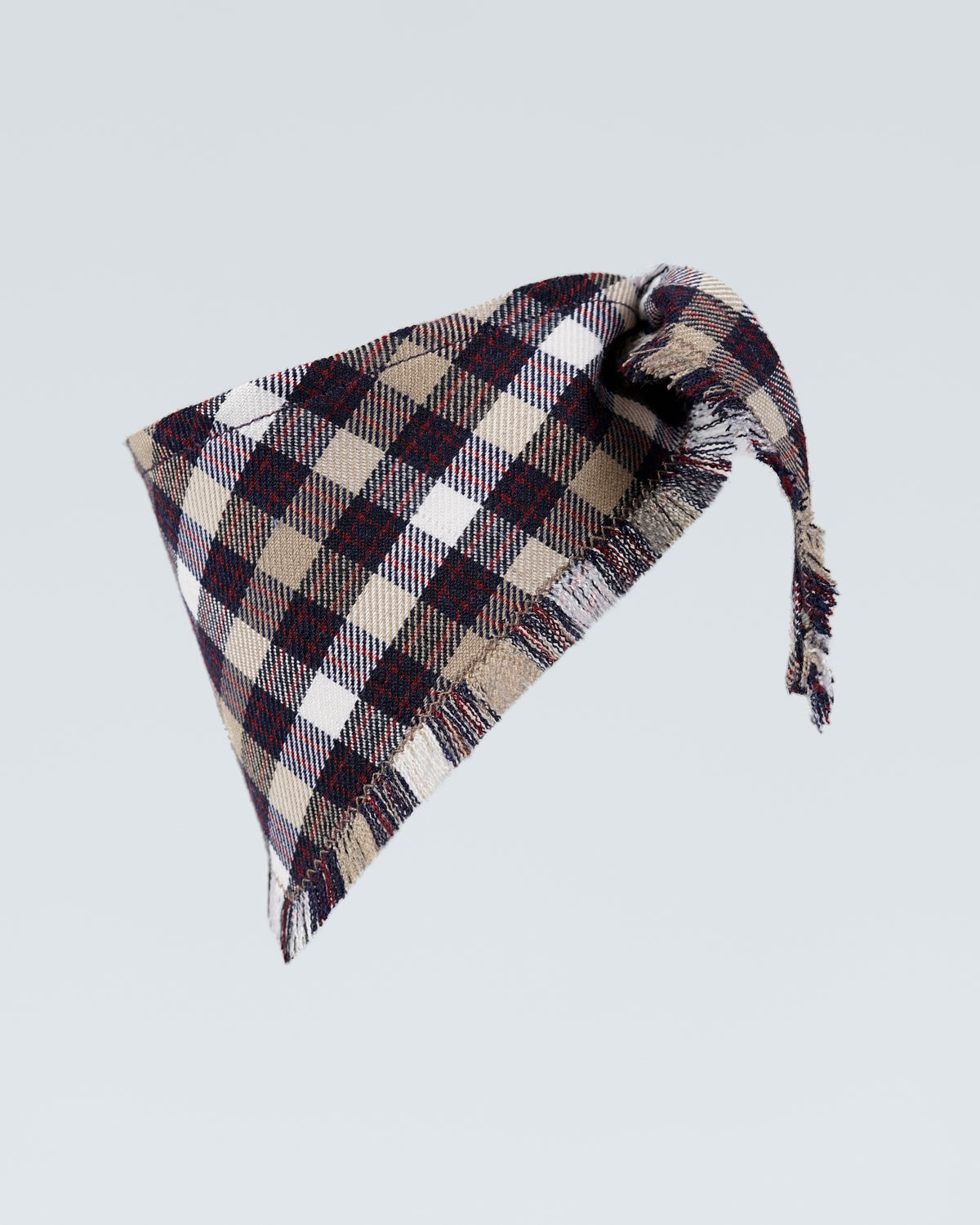 Aubergine checked bandana for dogs laid flat with one tie end extended