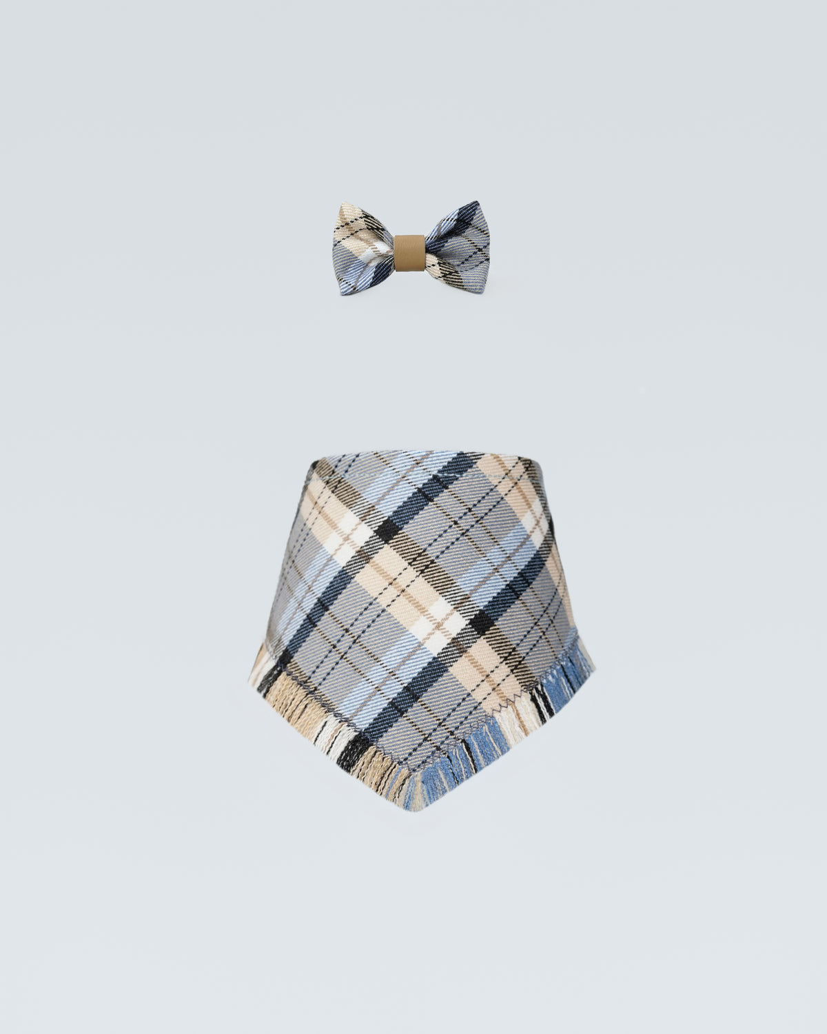Light blue checked dog scarf shown with a matching checked bow