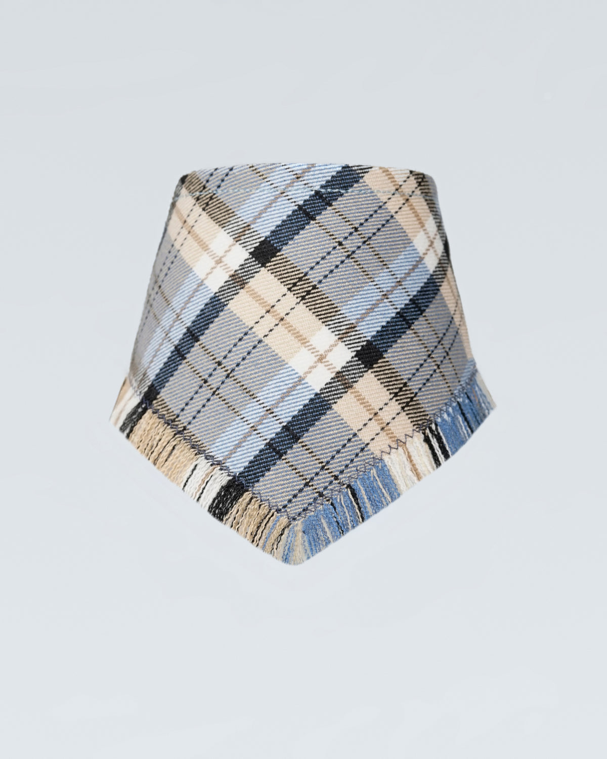 Light blue checked dog scarf in a triangle shape with a softly fringed edge