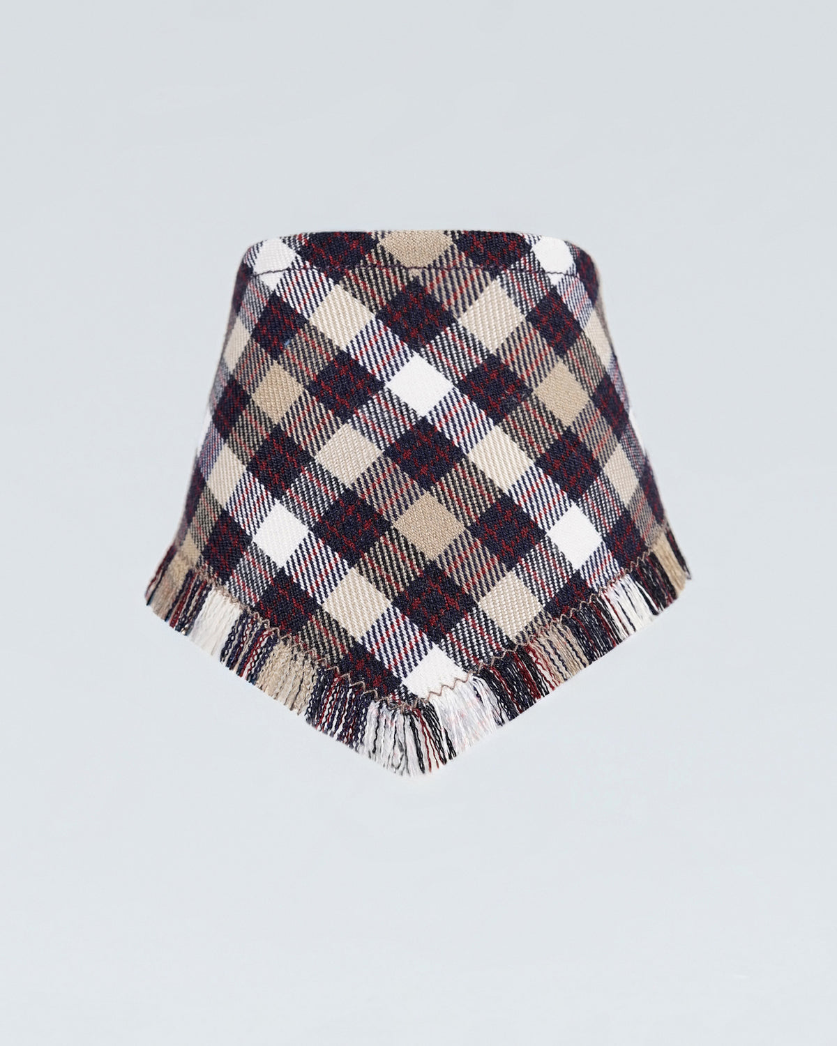 Aubergine checked dog bandana in a triangle shape with a softly fringed edge