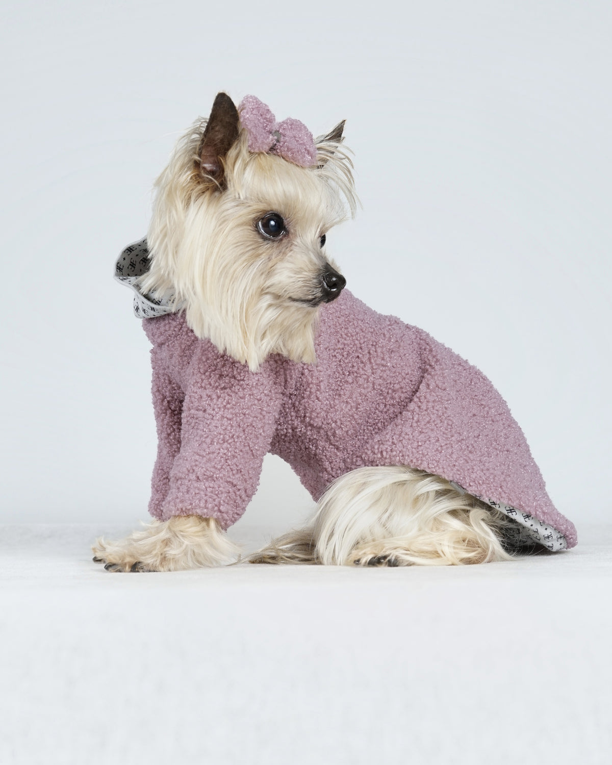 Small cream dog sitting in a powder pink bouclé dog dress and matching hair bow